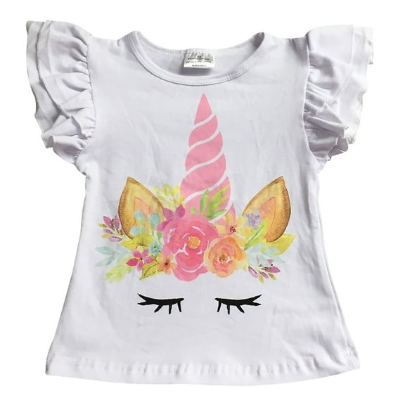 Toddler Girls Ruffle Short Sleeve Floral Unicorn Cotton Raglan Top T-Shirt Tee White 2T XS (P201520P)