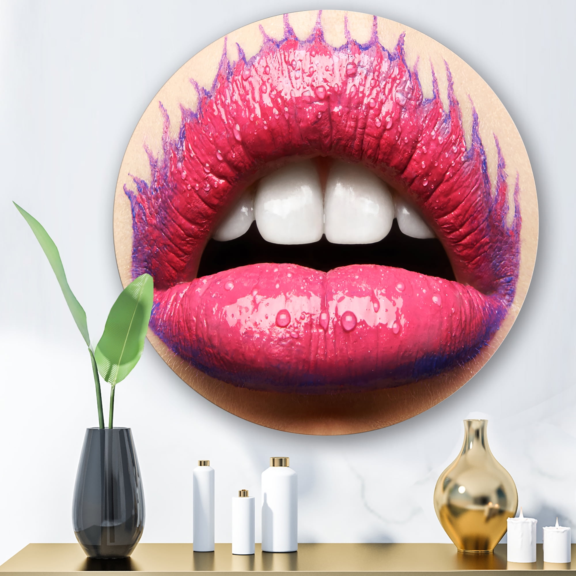 Designart 'Beautiful Woman Lips With Pink Lipstick' Modern Circle Metal Wall Art 23x23 - Disc of 23