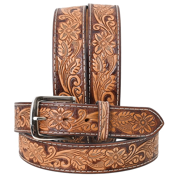 BE BAR H EQUINE 32 In Floral Hand Tooled Western Genuine Leather Belt Brown