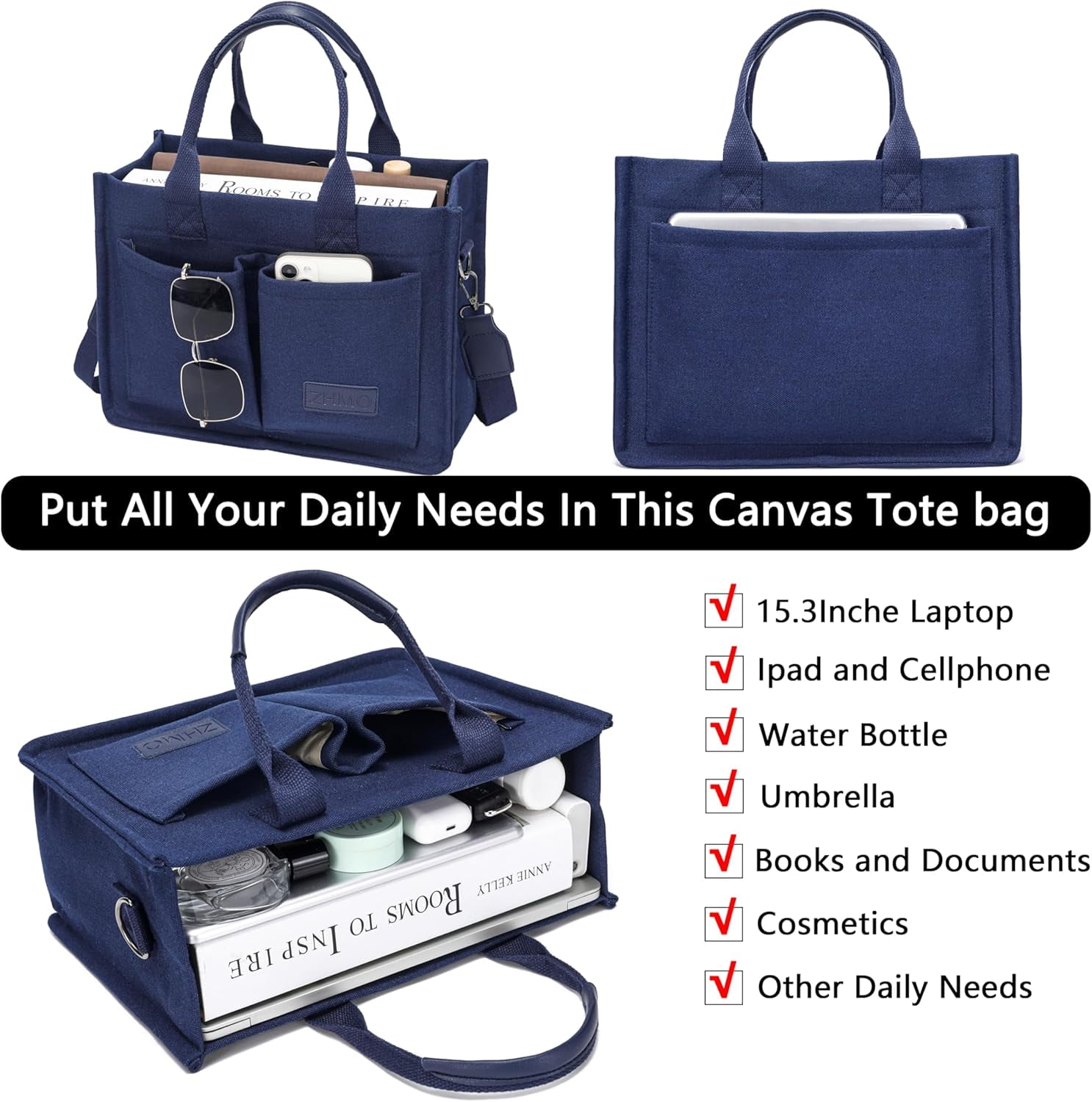 Large Canvas Tote Bag for Women With Pockets,Laptop Crossbody Purses Everything Everyday Bag Handbags for Work Beach Gym
