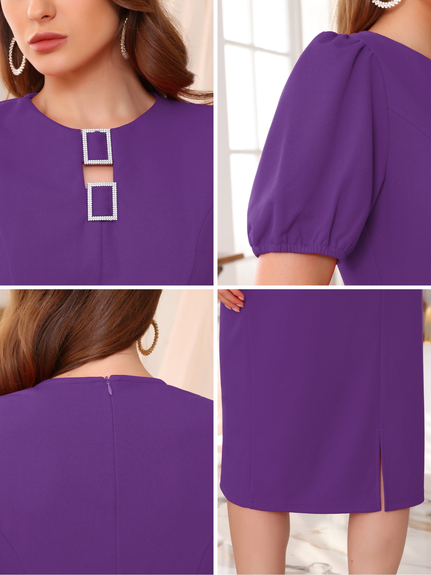 DARING DIVA Women's Puff Sleeve Wedding Guest Cocktail Midi Sheath Dress 2XL Purple