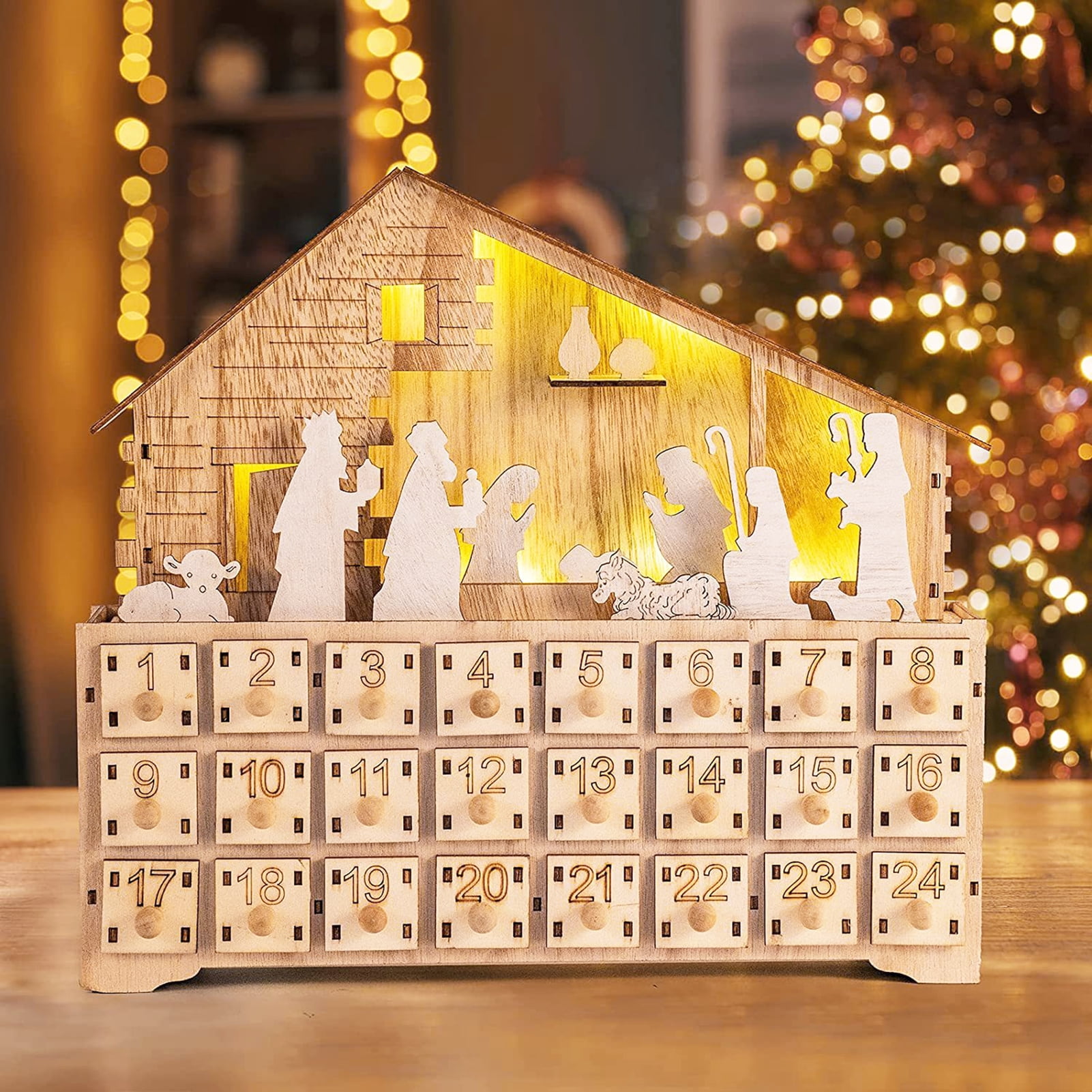 Yirtree Christmas Advent Calendar Builtin LED Light Crafts Decorative