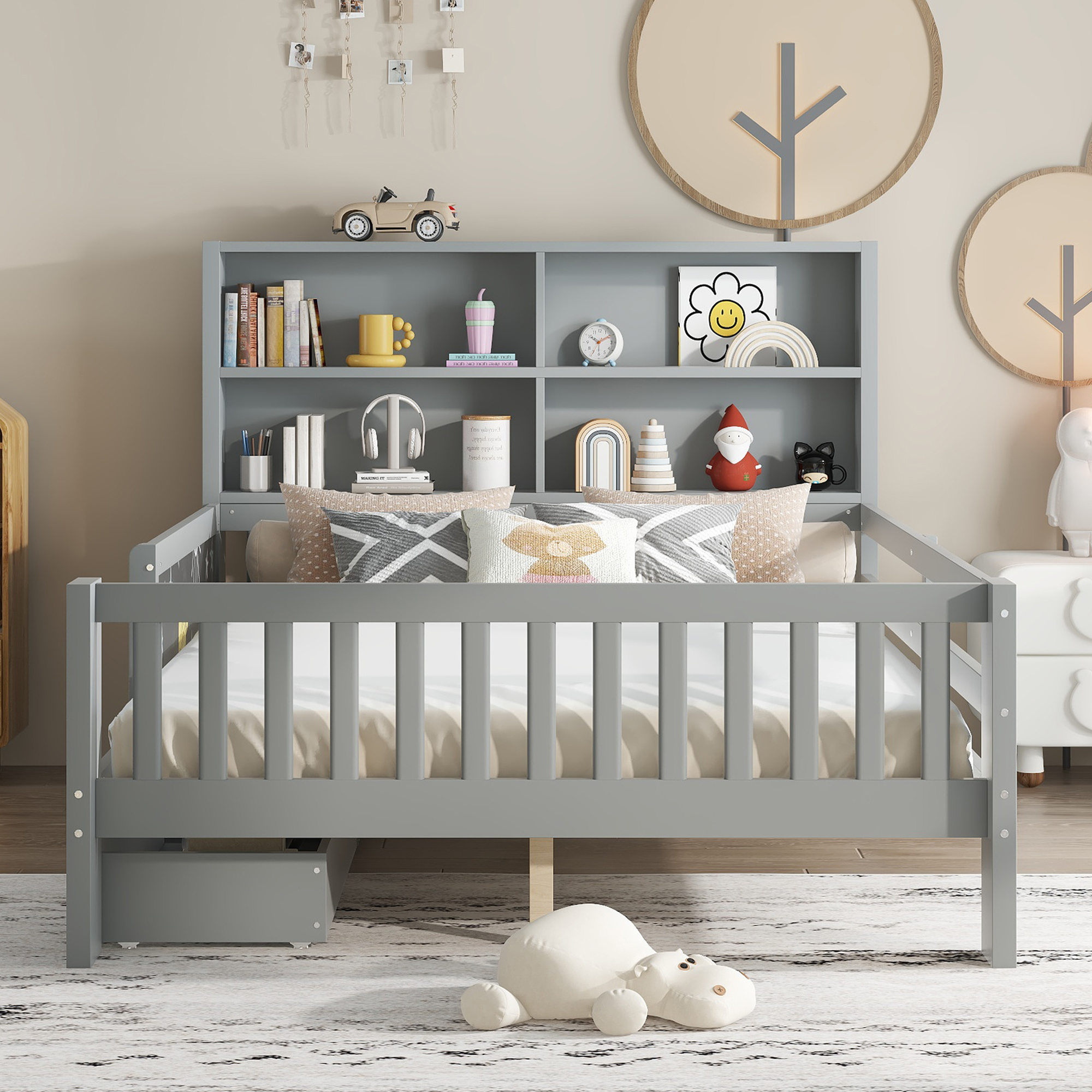 Mintazer Full Kids Platform Bed with Storage Headboard Shelves and Chalkboard, Wood Slat Support Storage Bed with 2 Drawers & Satety Fence for Boys Girls, Gray
