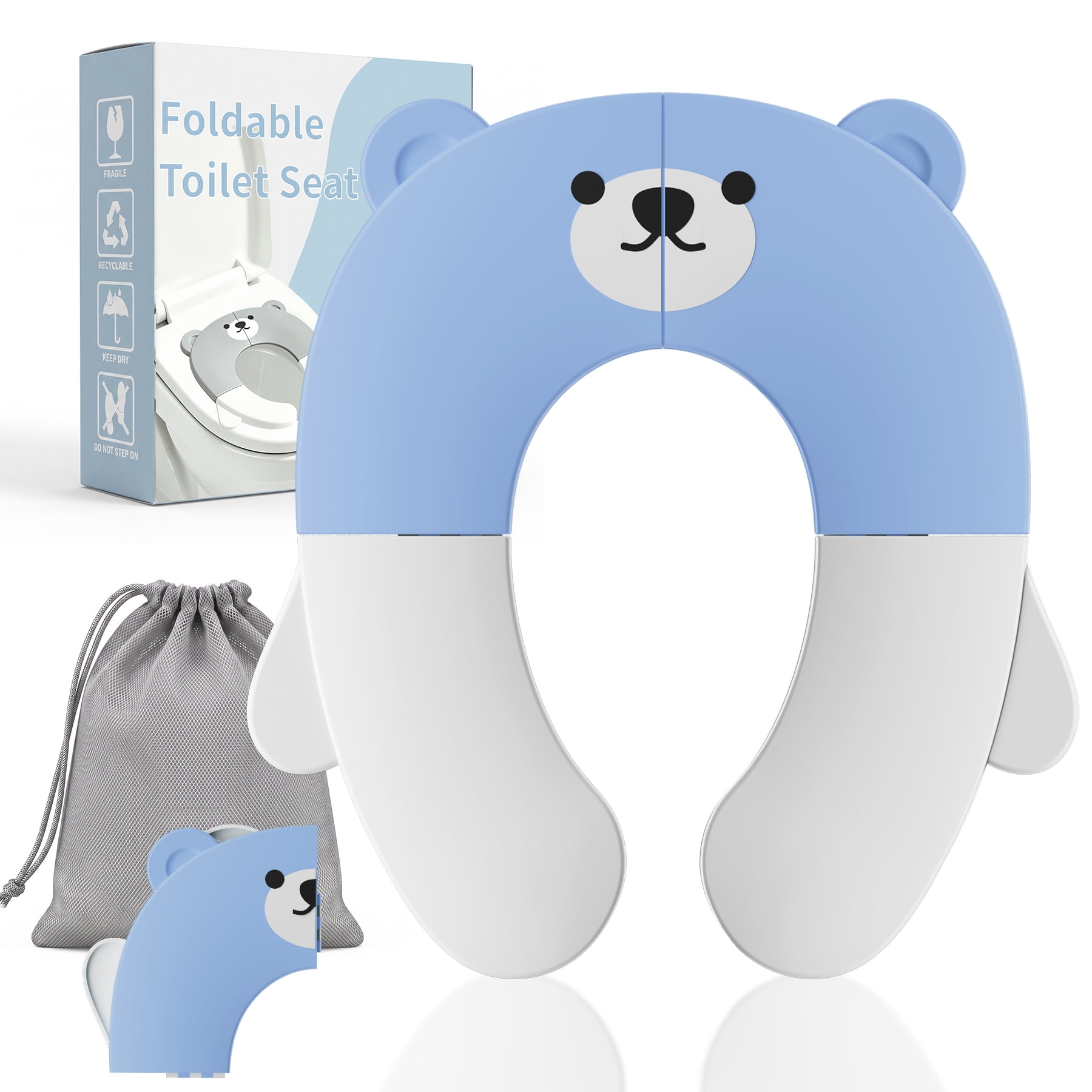 COOSEYA Foldable Travel Potty Training Toilet Seat for Baby,Fits Round and Oval Toilets with Storage Bag, Non-Slip Base(Bear/Light blue)