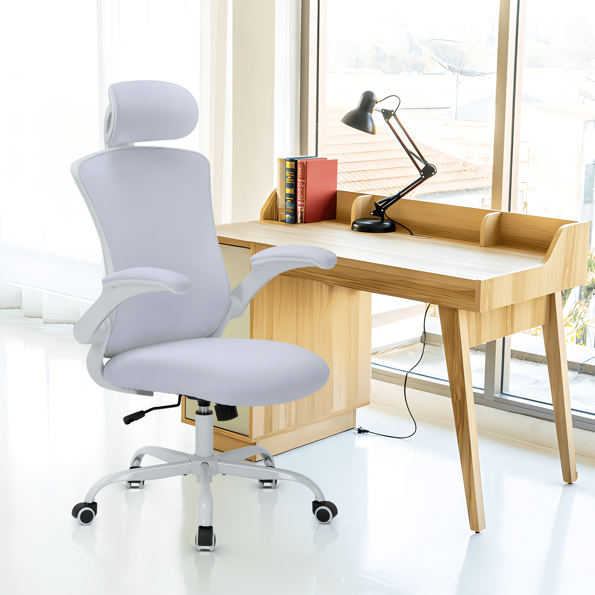 AFO High Back Ergonomic Office Chair, Adjustable Lumbar Support & Headrest Mesh Desk Chair with Flip-Up Arms, 275lbs Heavy Duty Metal Base Computer Task Chair for Home Office, White