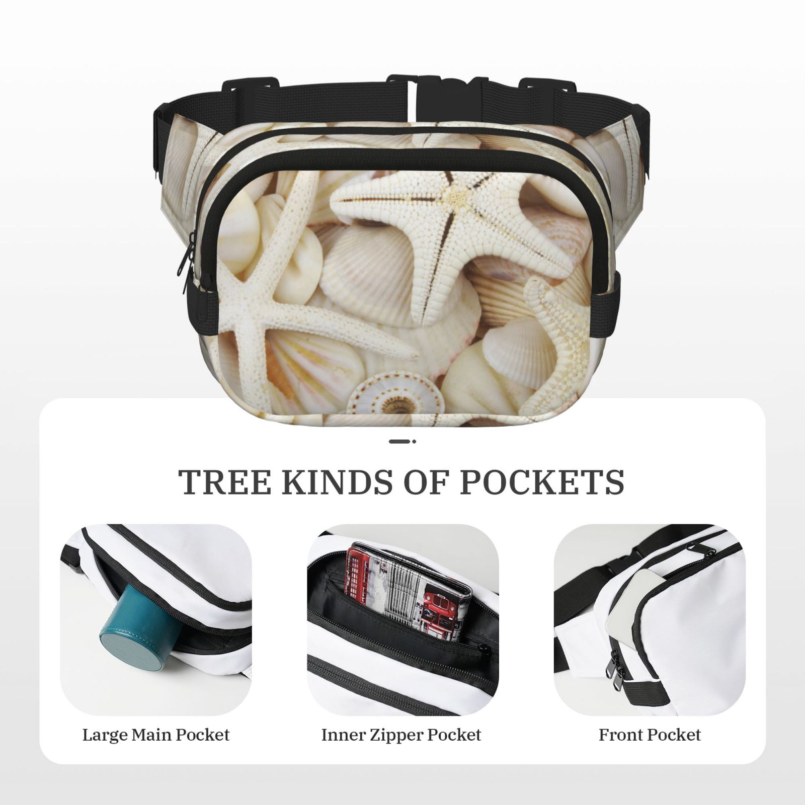 Picia Starfishes On Seashells Print Square Double-Layer Waist Bag Mini Adjustable Waist Belt Bag Exercise Running Travel Hiking
