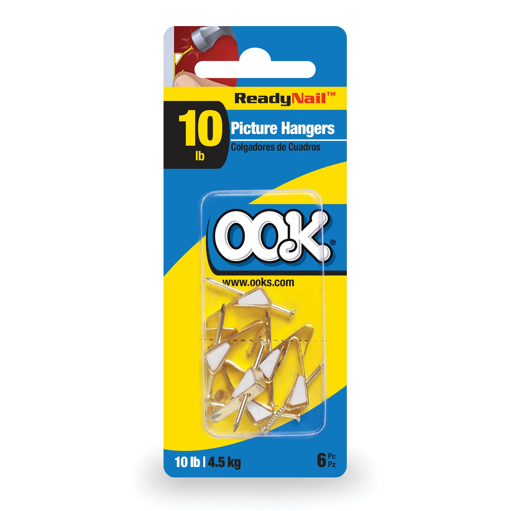(3 pack) Ook Picture Hangers, ReadyNail, 10 lbs, for Drywall and Wood, Steel, Brass Finish, Gold, 6 pack