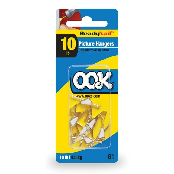 Ook Picture Hangers, ReadyNail, 10 lbs, for Drywall and Wood, Steel, Brass Finish, Gold, 6 pack