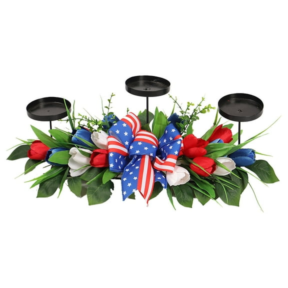 Independence Day Greenery Tulip Candle Centerpiece, 18.9 x 7.1 x 6.7 in Iron Frame with Red-White-Blue Accents, Maintenance-Free Decorative Table Ornament for 4th of July, Dining Room & Living Room