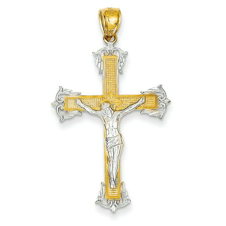 14k Two Tone Yellow Gold Crucifix Cross Religious Pendant Charm Necklace Fleur De Lis