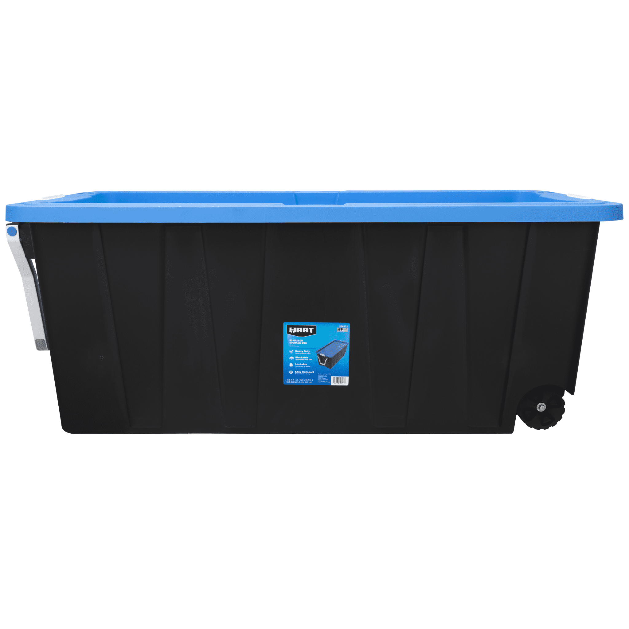 HART 18 Gallon Water Resistant Plastic Storage Bins, Black with Blue Lid 