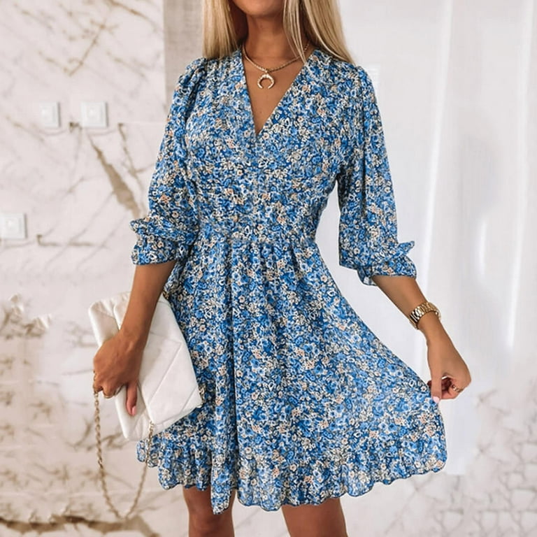 BEEYASO Clearance Summer Dresses for Women Knee Length Elbow-Length Hot  Sales Wrap Printed V-Neck Dress Blue m 