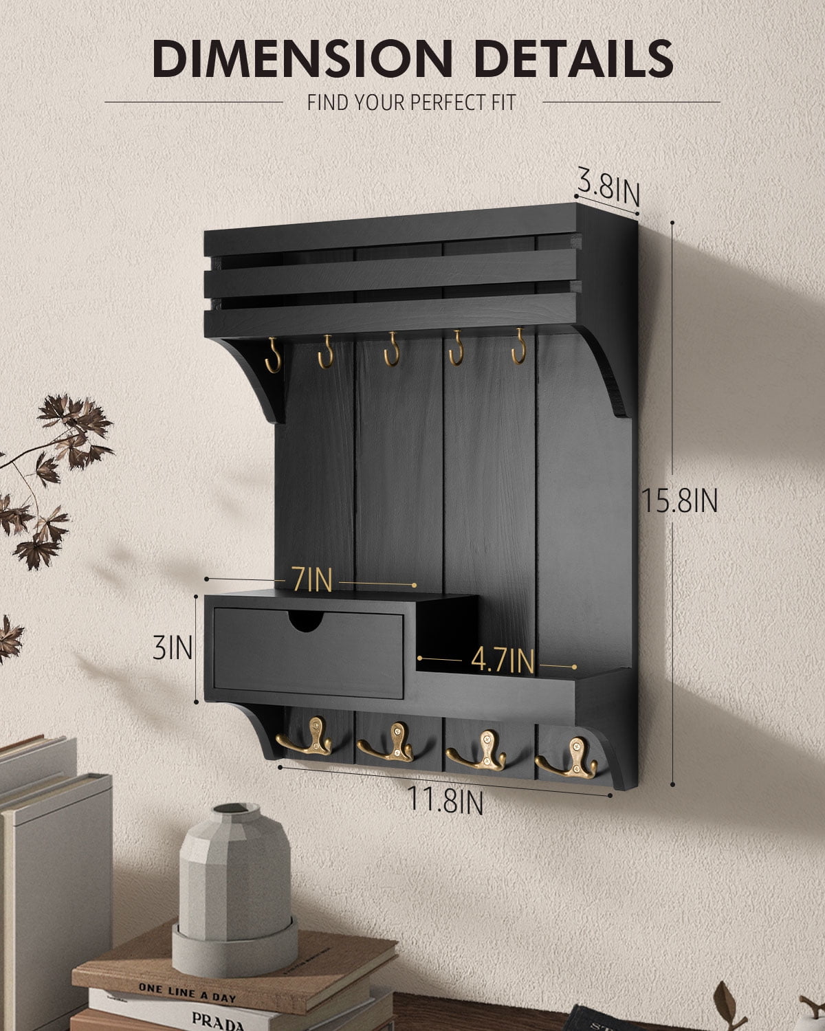 Rebee Vision Modern Key Holder Wall Mount for Home Decor - Stylish Mail Organizer with 9 Key Hooks and Mini Drawer Organizer (Black, 12inch)