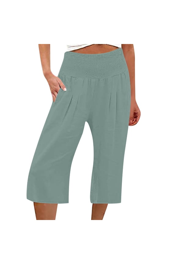Capri Pants for Women Summer High Waisted Women's Capris Smocked Wide Leg Cotton Linen Capri Pants for Women Clearance with Pockets Mint Green L