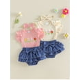 thumbnail image 3 of Loicainy Baby Toddler Girls 3 Piece Outfits 3 6 9 12 18 Months Adorable Flower Embroidery Short Sleeve Crew Neck Jumpsuit and Denim Shorts Headband Clothes Set, 3 of 9