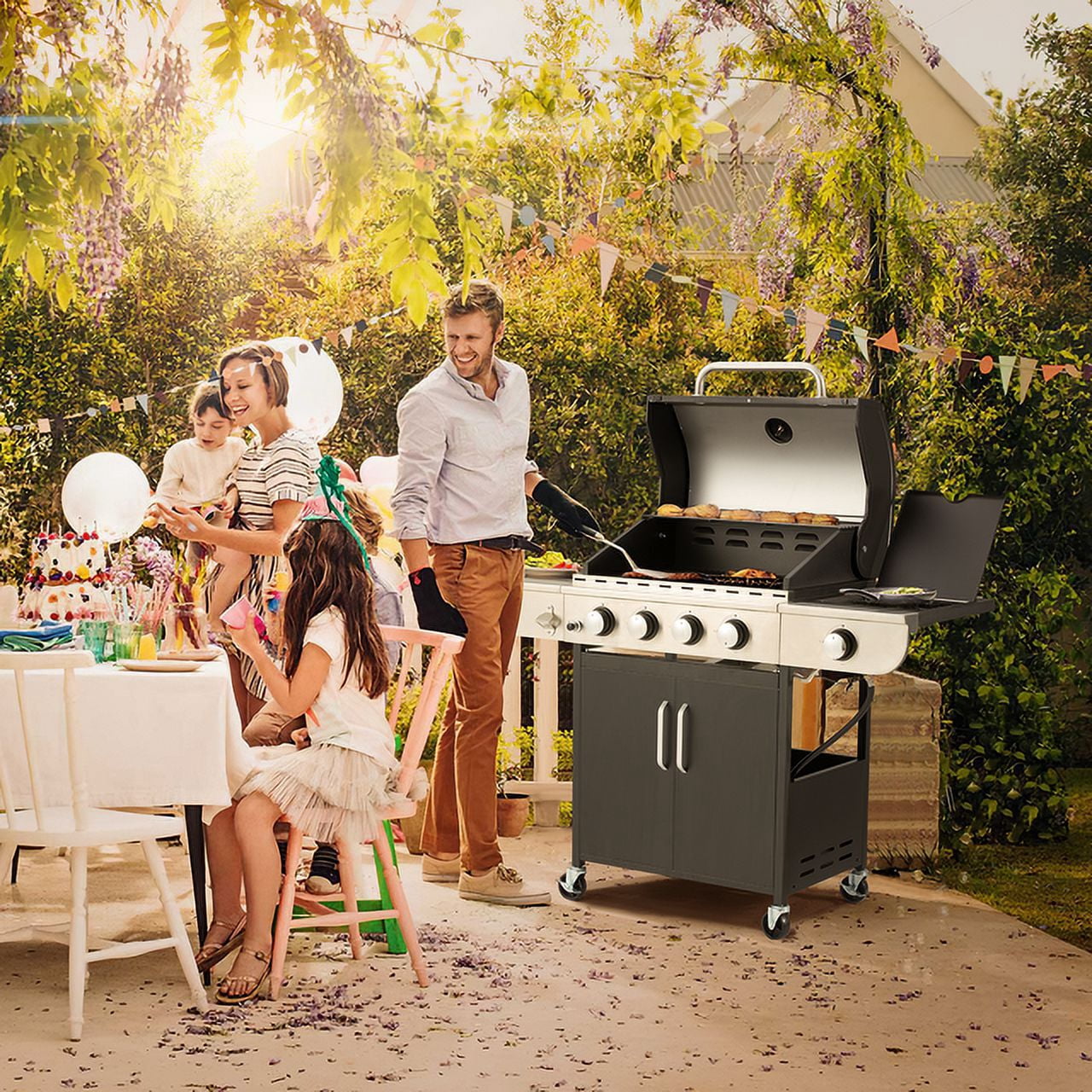 Hommow 4 Burner BBQ Propane Gas Grill,36000 BTU Stainless Steel with Stove and Side Table