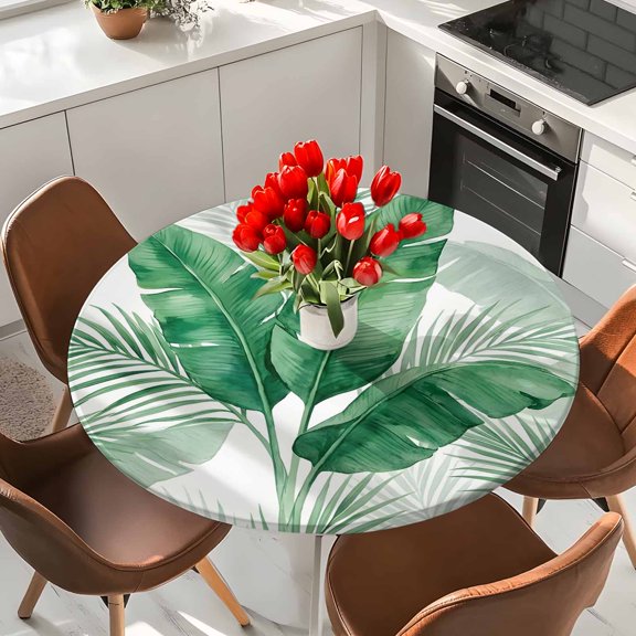 Tropical Botanical Elastic Fitted Round Tablecloth Coastal Banana Palm Leaves Teal Waterproof Outdoor Table Cover for Holiday Party, Picnic, Patio & Dining Fits Tables Up to 55"-60"