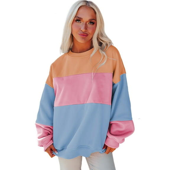 Women's Sky Blue Colorblock Patchwork Drop Shoulder Sweatshirt