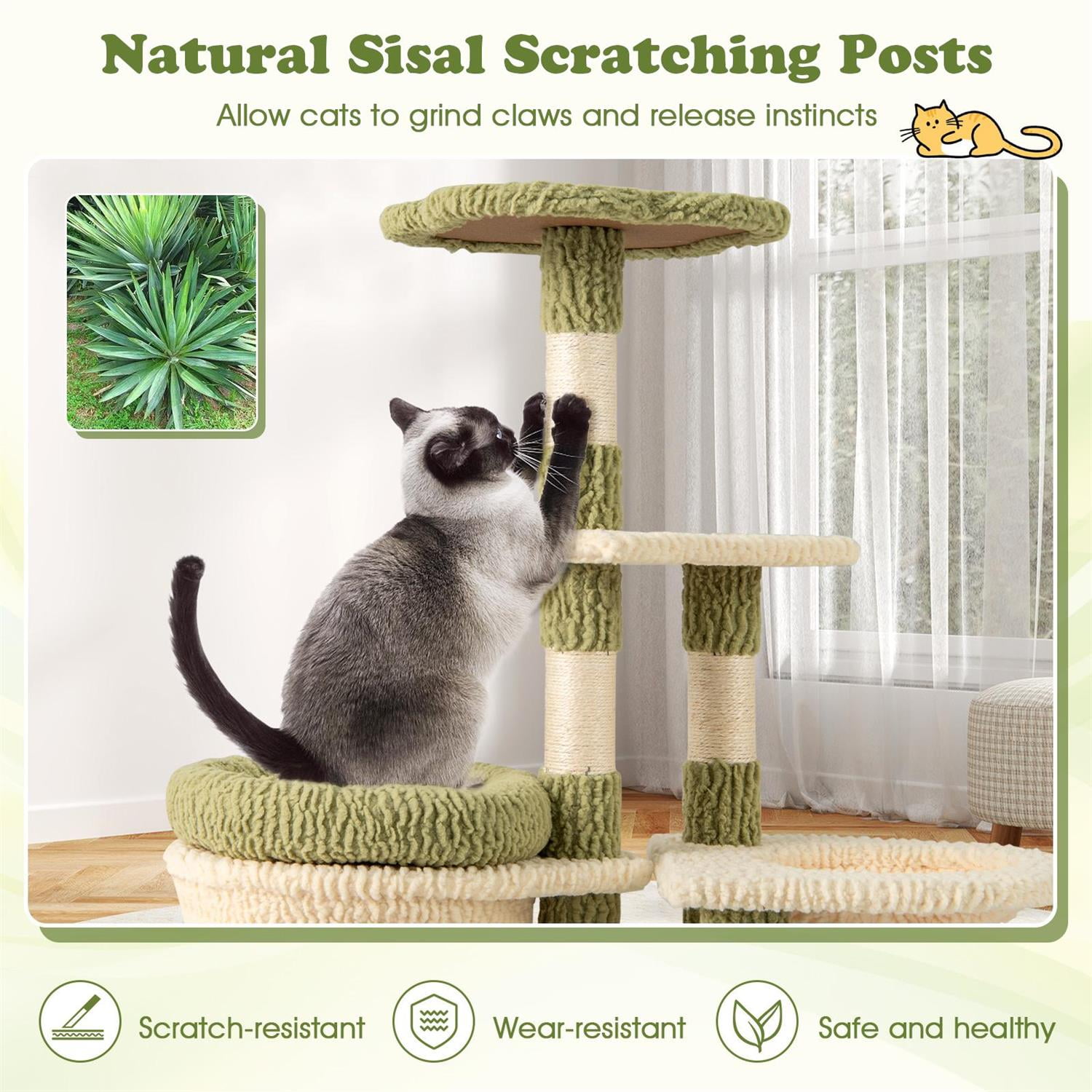 Pefilos 38" Tall Multi-Level Kitten Tower, Condo & Green Padded Bed, Hammock & Sisal Scratching Posts, Green