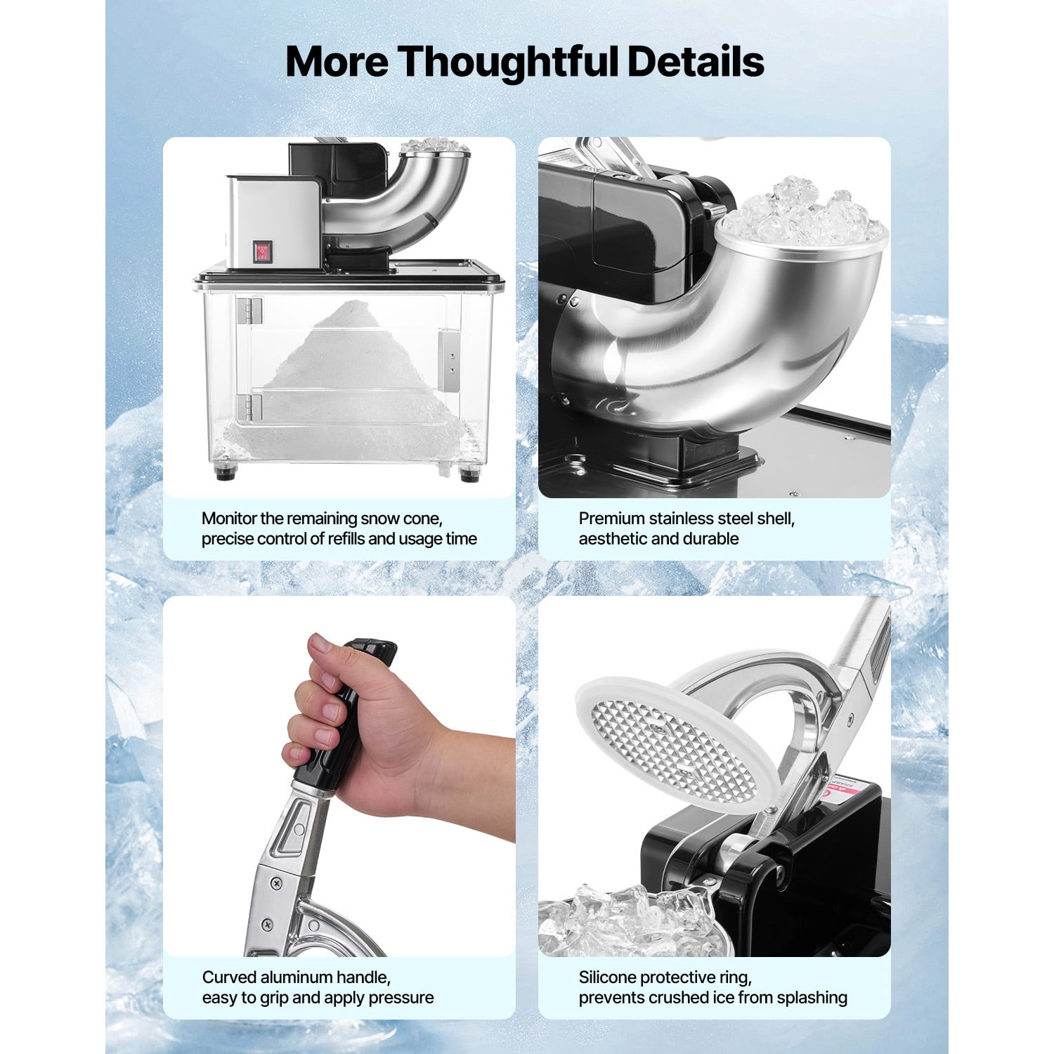 KFFKFF Commercial Ice Crusher 661LBS/H, 350W Electric Snow Cone Machine with 4 Blades, 2000RPM Stainless Steel Shaved Ice Maker with 11 Gal Ice Storage, Ideal for Homes, Restaurants, and Bars, Black