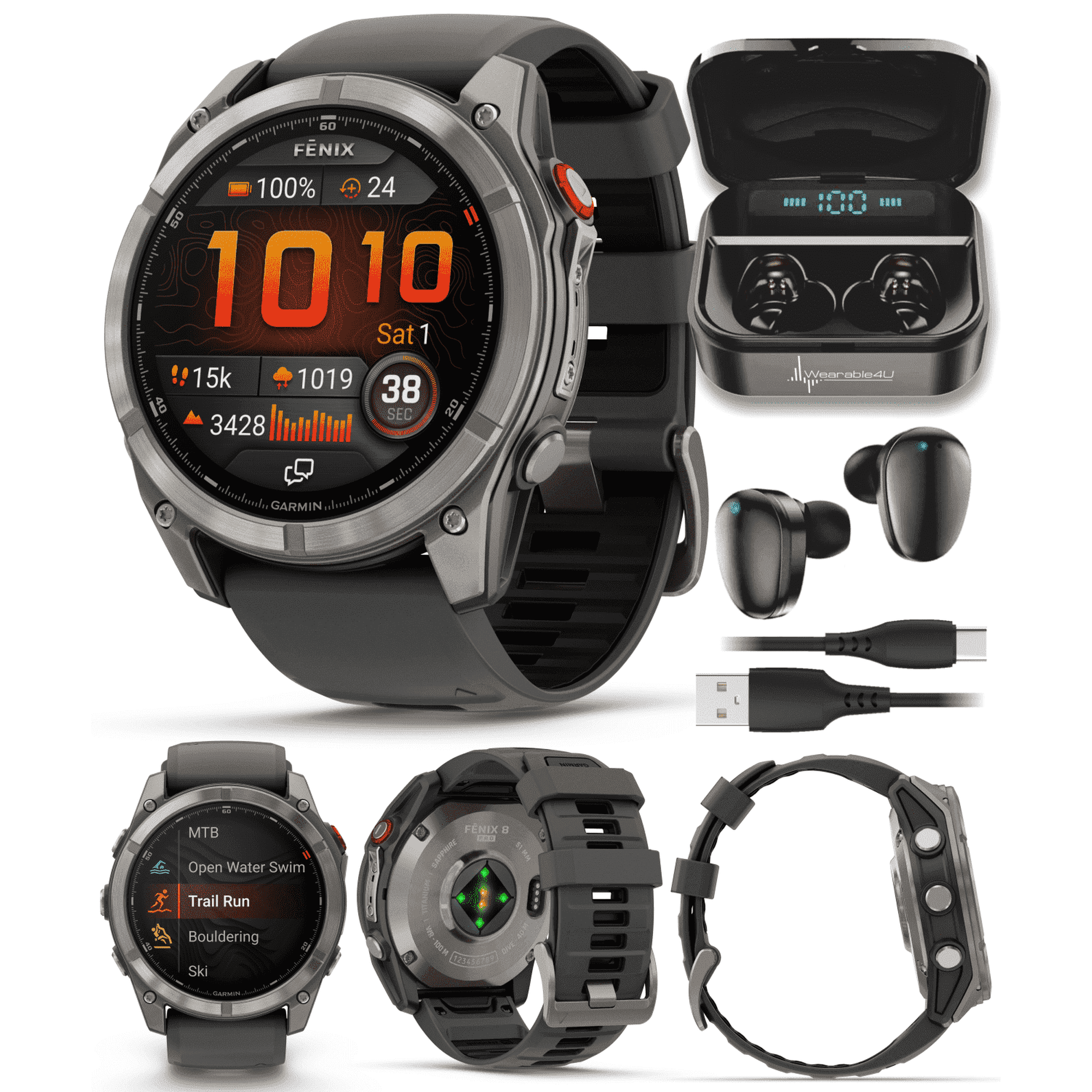 Garmin Fenix 8 Pro - 51mm AMOLED Sapphire Premium Connected Multisport GPS Smartwatch, inReach, Titanium & Graphite/Black Silicone Band w/ Wearable4U Black Earbuds Bundle