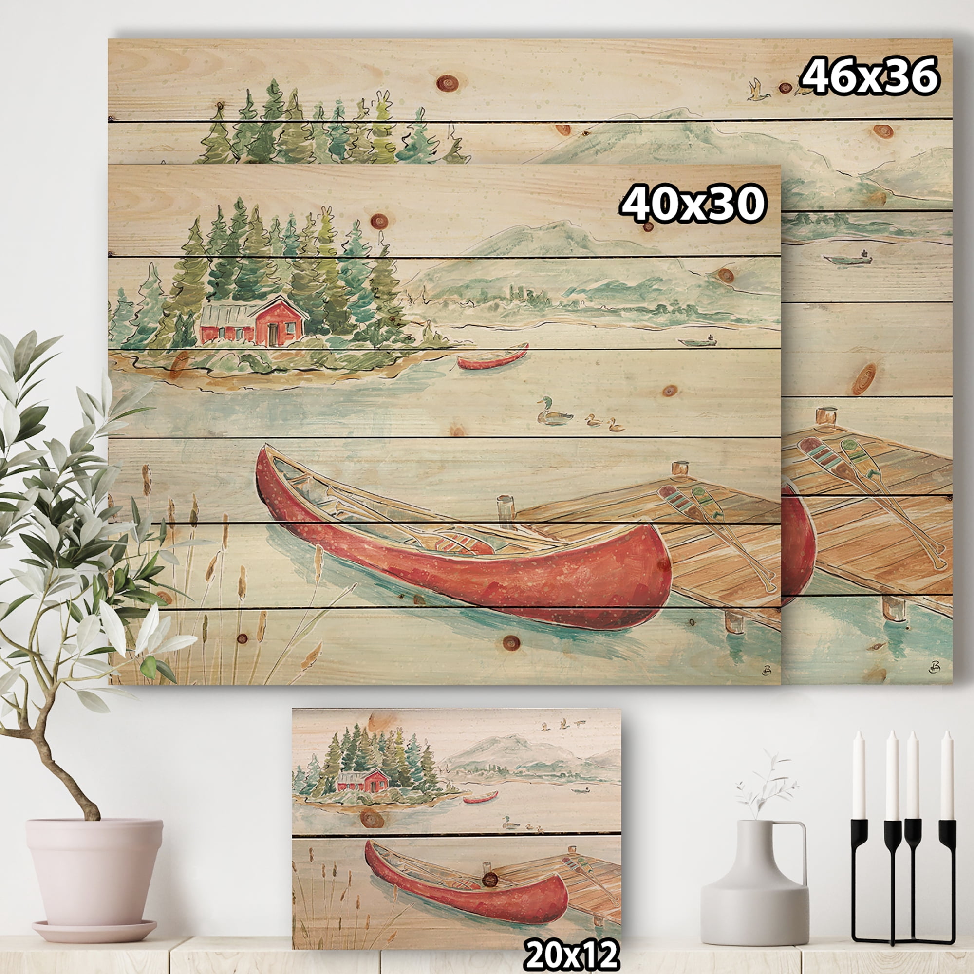Designart 'Red Lake House and Canoes II' Lake House Print on Natural Pine Wood