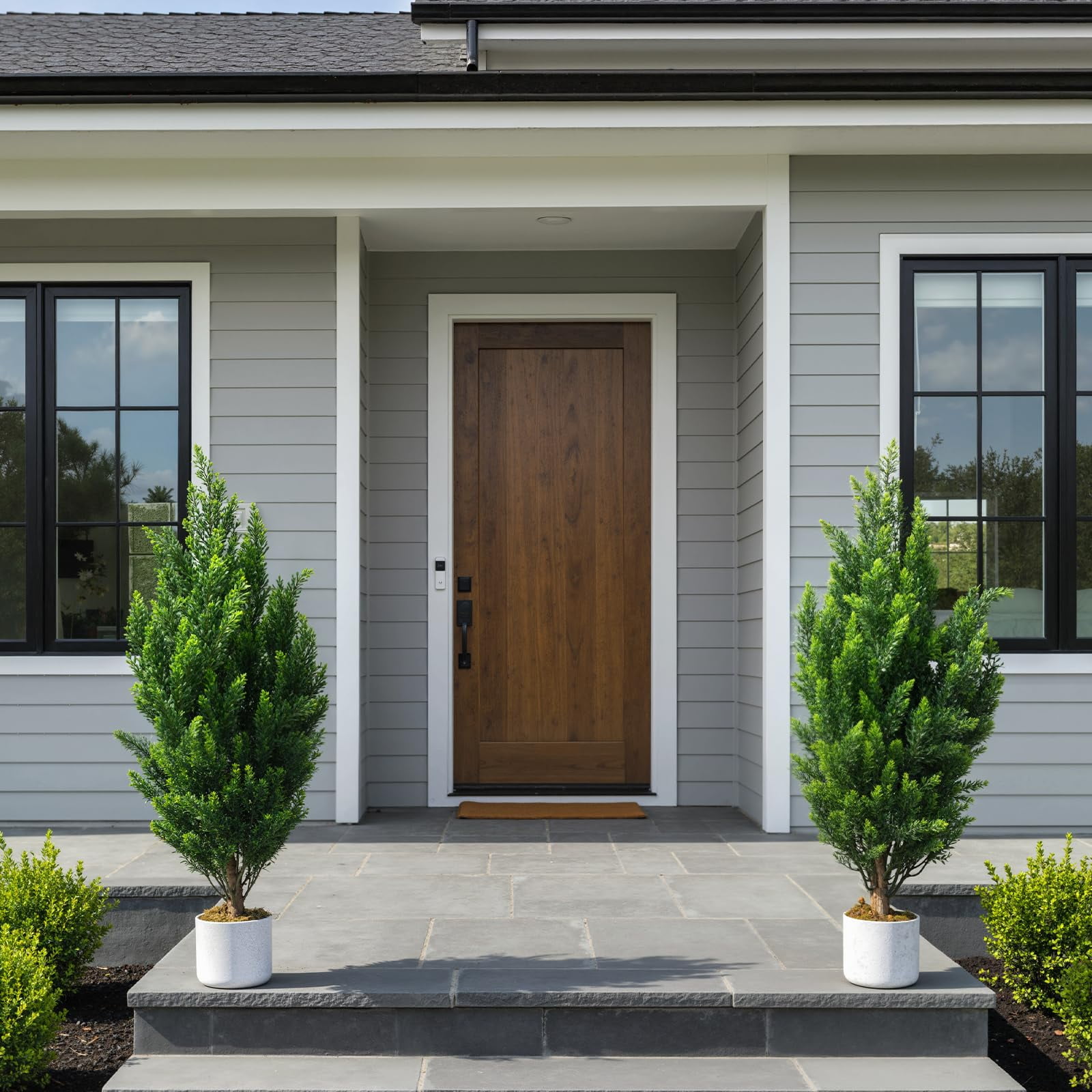 Artificial Cedar Topiary Tree 3FT Set of 2, Outdoor Faux Evergreen Pine Shrubs, Realistic Fake Plants Front Porch Decor, Potted Fake Bushes Cypress Trees UV Resistant for Home Front Door