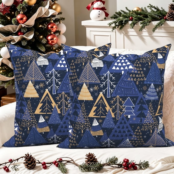 Navy Blue Christmas Tree Pillow Covers 18x18 Set of 2 Double-Sided Winter Holiday Decorative Pillow Cases for Couch Sofa