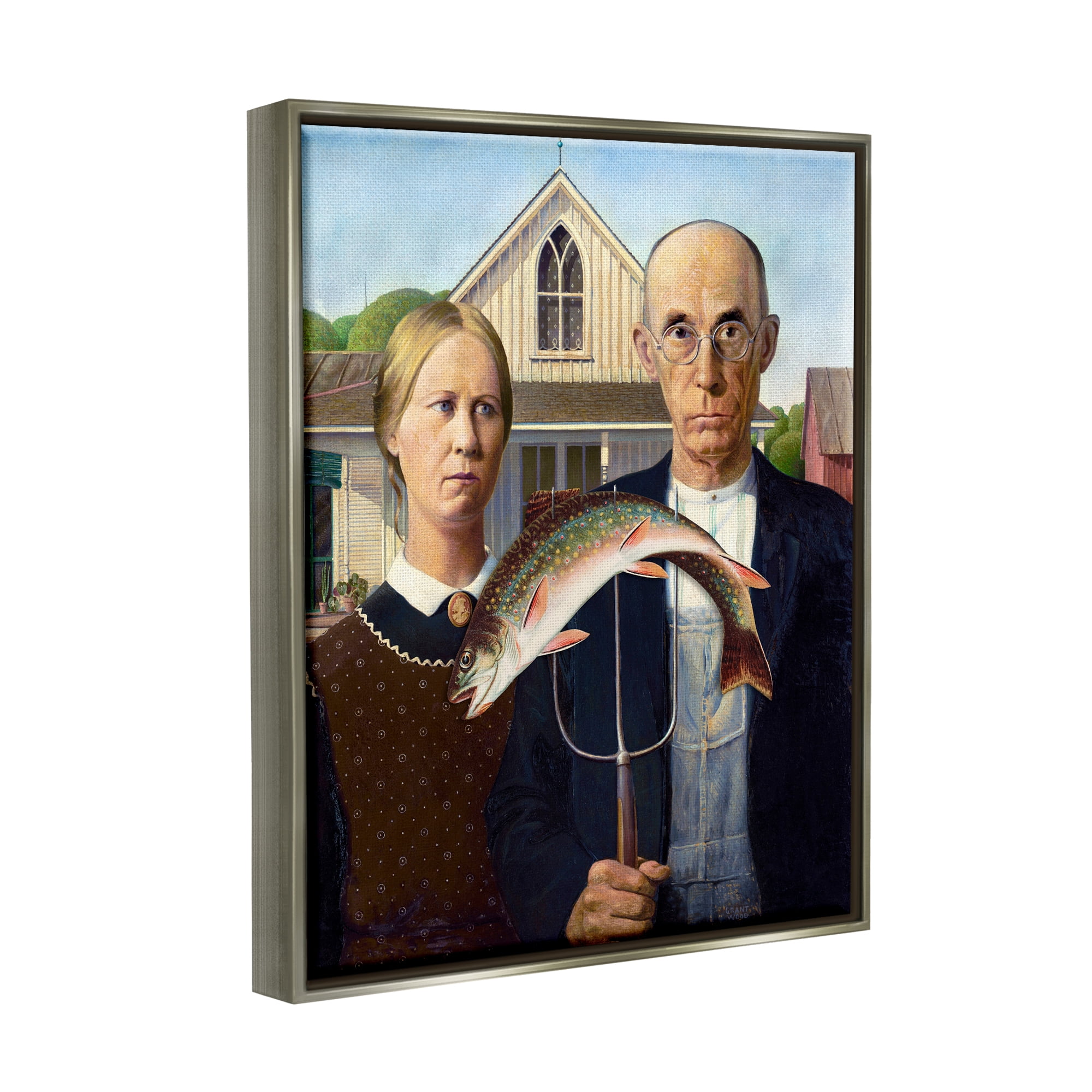 Stupell Industries American Gothic with Fish Animals & Insects Painting Gray Floater Framed Art Print Wall Art, 25 x 31