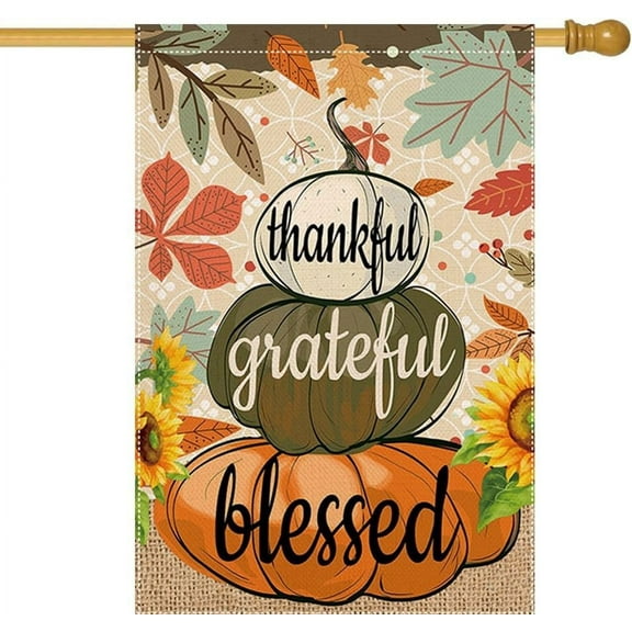Welcome Fall House Flag 28 x 40 Inch Thankful Grateful Blessed Pumpkin Decorative House Yard Double Sided Flag for Autumn Thanksgiving Day Decoration