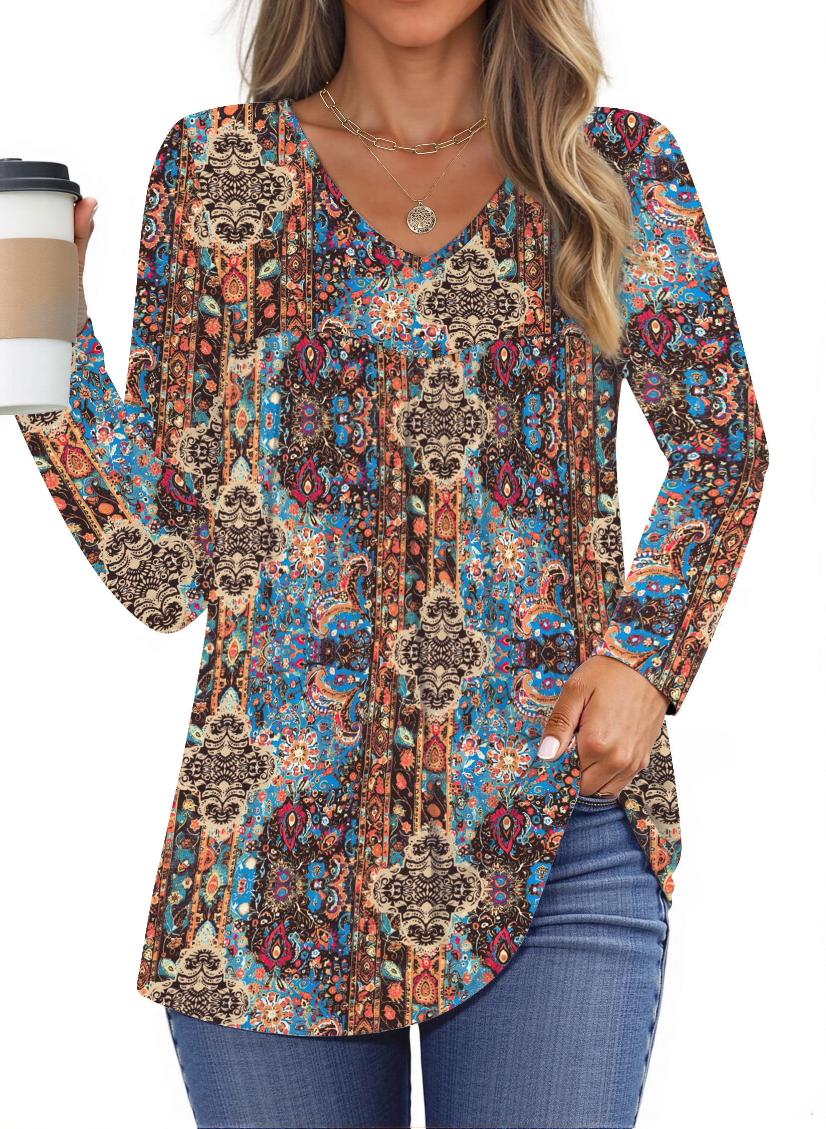 Fantaslook Womens Tops Dressy Casual Pleated Blouses V Neck Long Sleeve Shirts Fall Tunic Tops