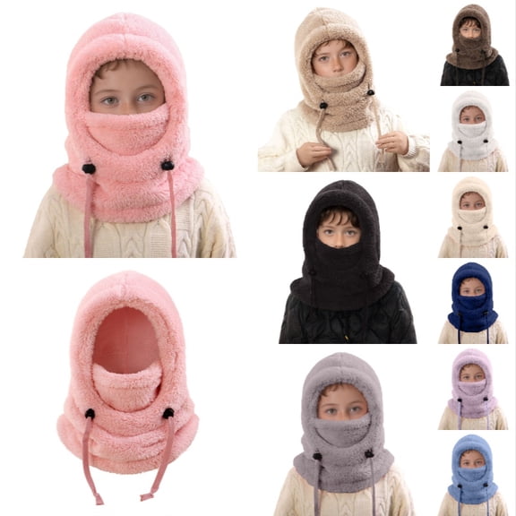 Ticikt Kids Balaclava Hat Scarf Integrated, Thick Windproof Face Neck Warmer for Skiing Cycling Winter Outdoor,Pink