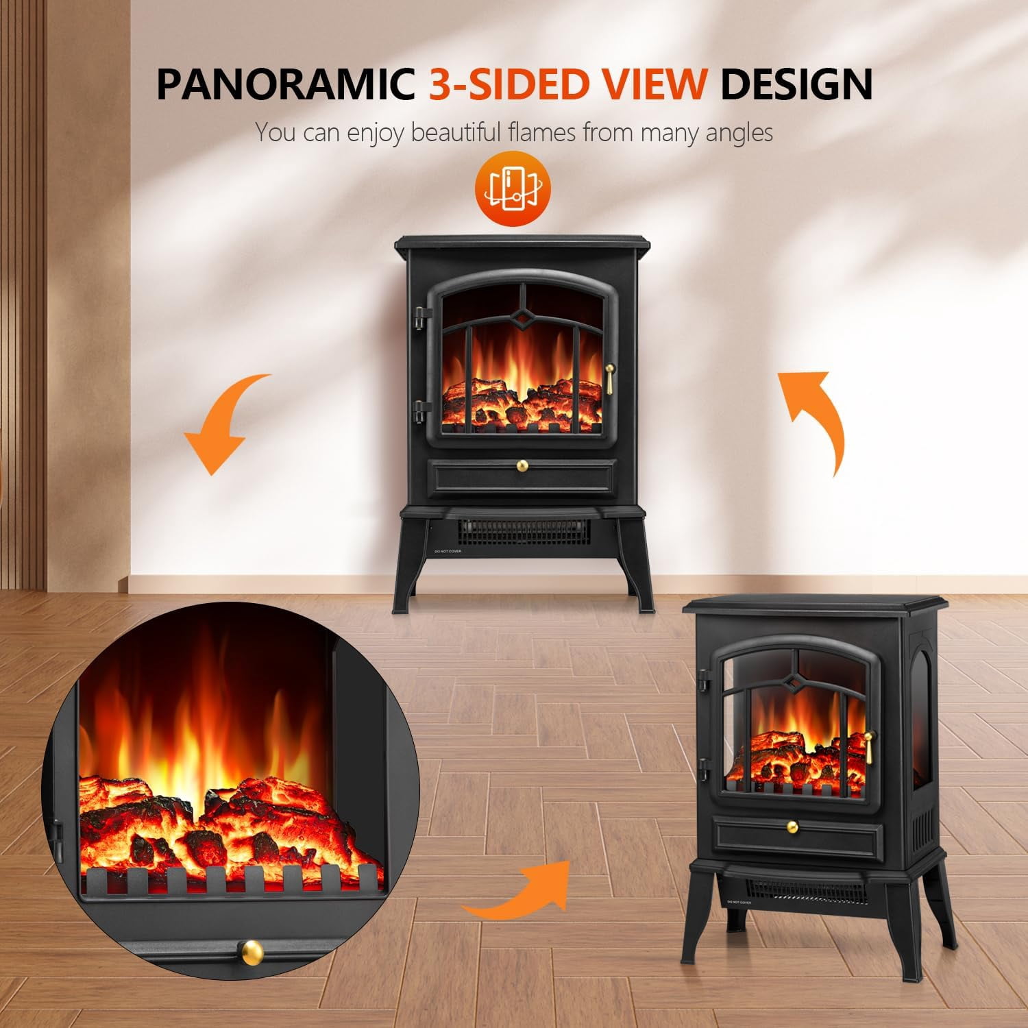 Moifoi 22" Electric Fireplace Heater,Freestanding Electric Stove 3D Realistic Flames,1000/1500W Fireplace Heater Adjustable Flame Brightness,Black
