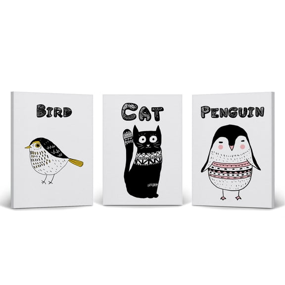 Smile Art Design Cute Bird Cat Penguin Wall Decor 3 Piece Set Canvas Wall Art Print Kids Room Decor Baby Room Decor Nursery Decor Ready to Hang Made in the USA-(36x24)x3