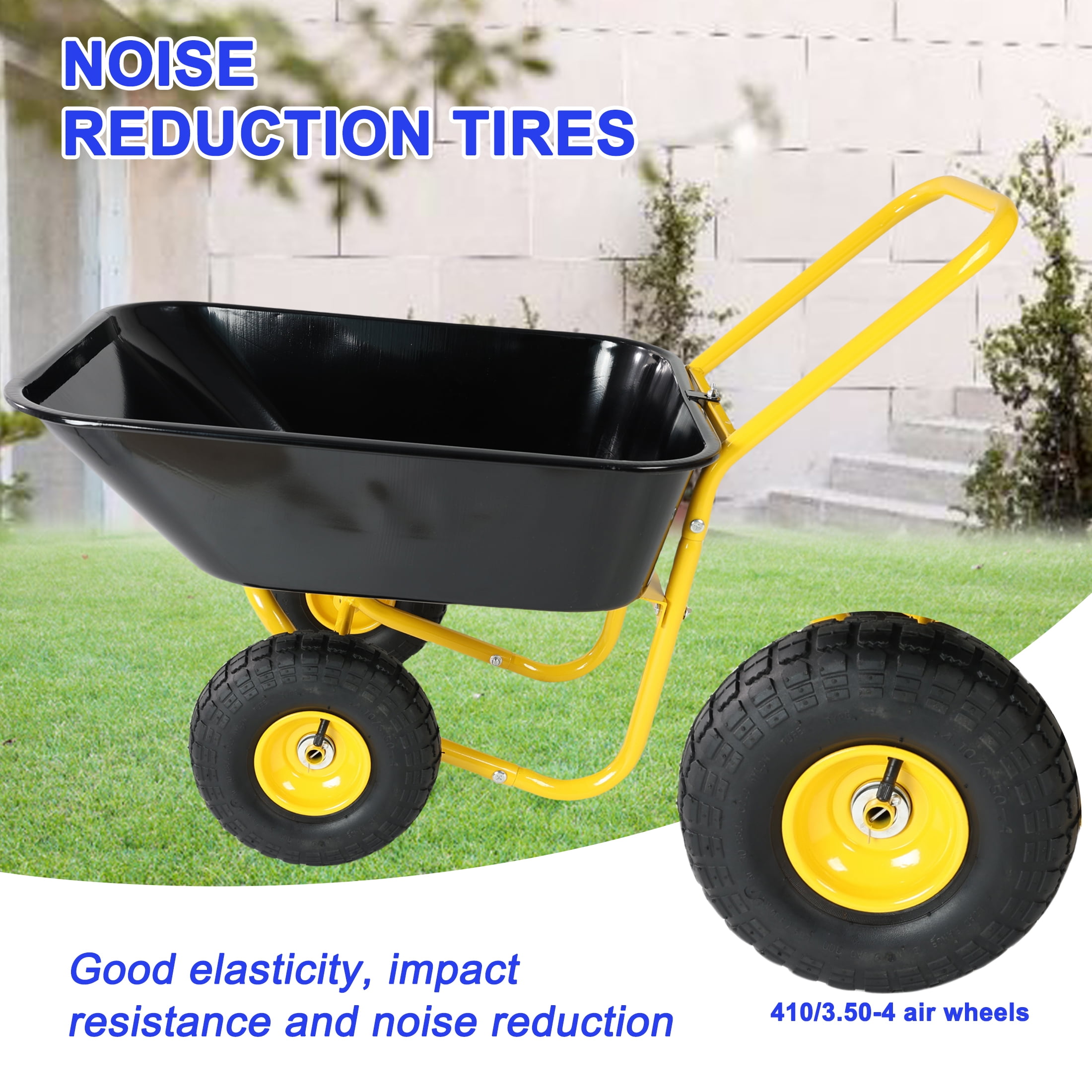 Two-Wheeled Garden Barrow Cart with 10-Inch Pneumatic Wheels, Yellow & Black 35L Large Capacity Non-Porous Leak-Proof Utility Wheelbarrow for Soil Water Tools Garden Warehouse Use
