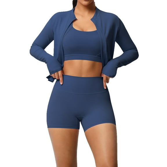 LIIPEE Women Outfits 3 Piece Solid Color Long Sleeve Jacket Sport Bar Tight Shorts Yoga Running Fitness Set Woman Classic Indoor Outdoor Wear Outfits,Blue,S