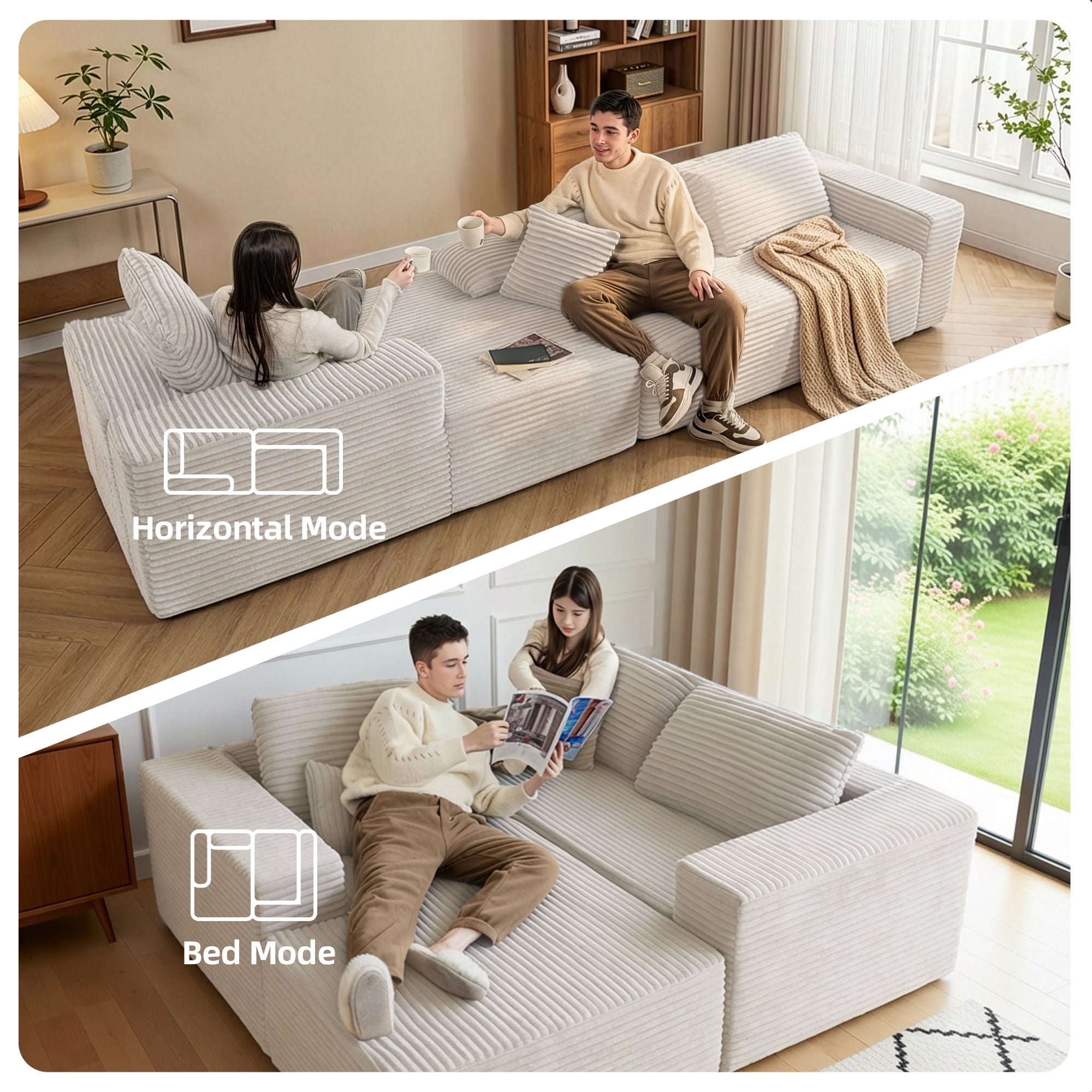 94" Sectional Sofa with Lounge, L-Shape Living Room Cloud Modular Convertible Sleeper Sofa, Corduroy Couch Deep Seat Sleeper Set,Bedroom Reversible Sofa W/Pillows,Beige,Left