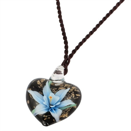 Unique Bargains Heart Shape Glass Pressed Floral Pendant Necklace Neckwear Blue Black