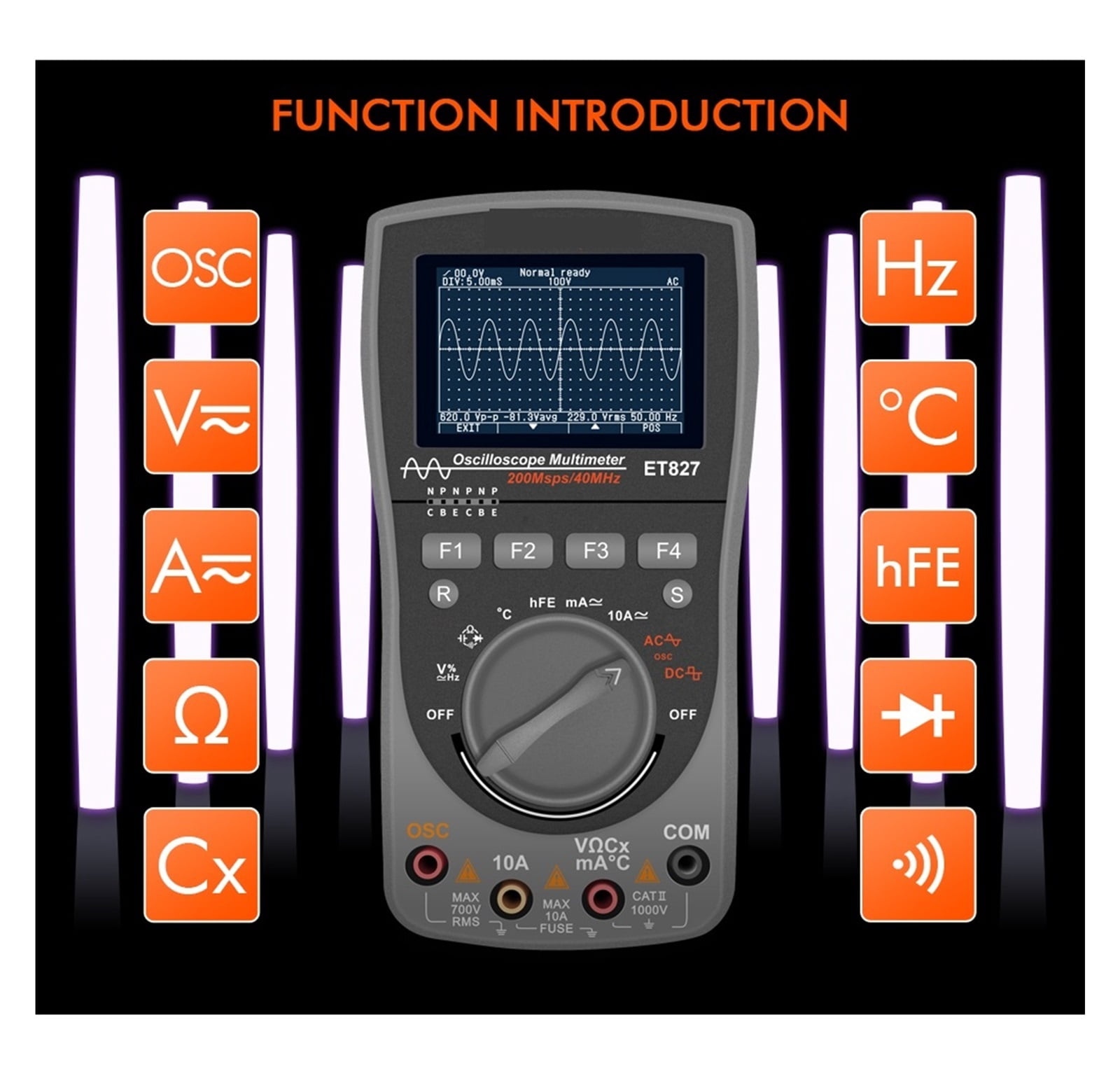 ET827 Digital Oscilloscope 40MHz Bandwidth 200 Msps Sampling Rate 2 in 1 Handheld Oscilloscope Multimeter ,Professional Designed