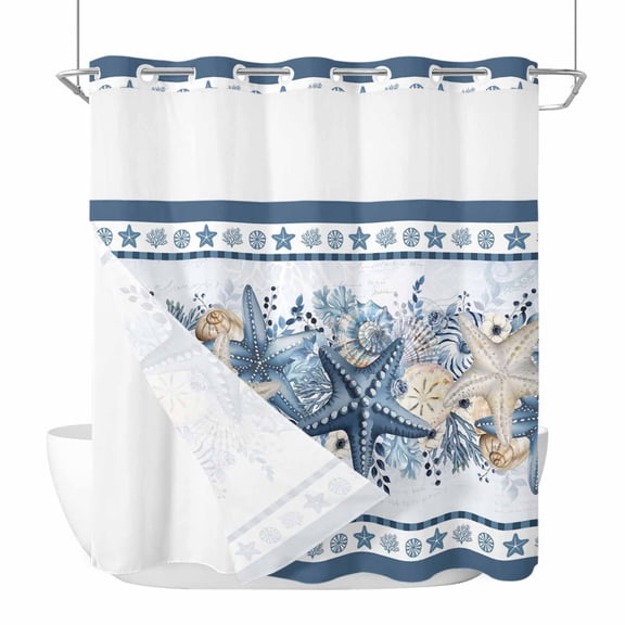 No Hook Navy Blue Starfish Coastal Shower Curtain with Snap in Liner Set, Ocean Beach Coral Nautical Waterproof Fabric Bathroom Curtains with See Through Top Window, Hotel Style Standard 72 x 72 Inch
