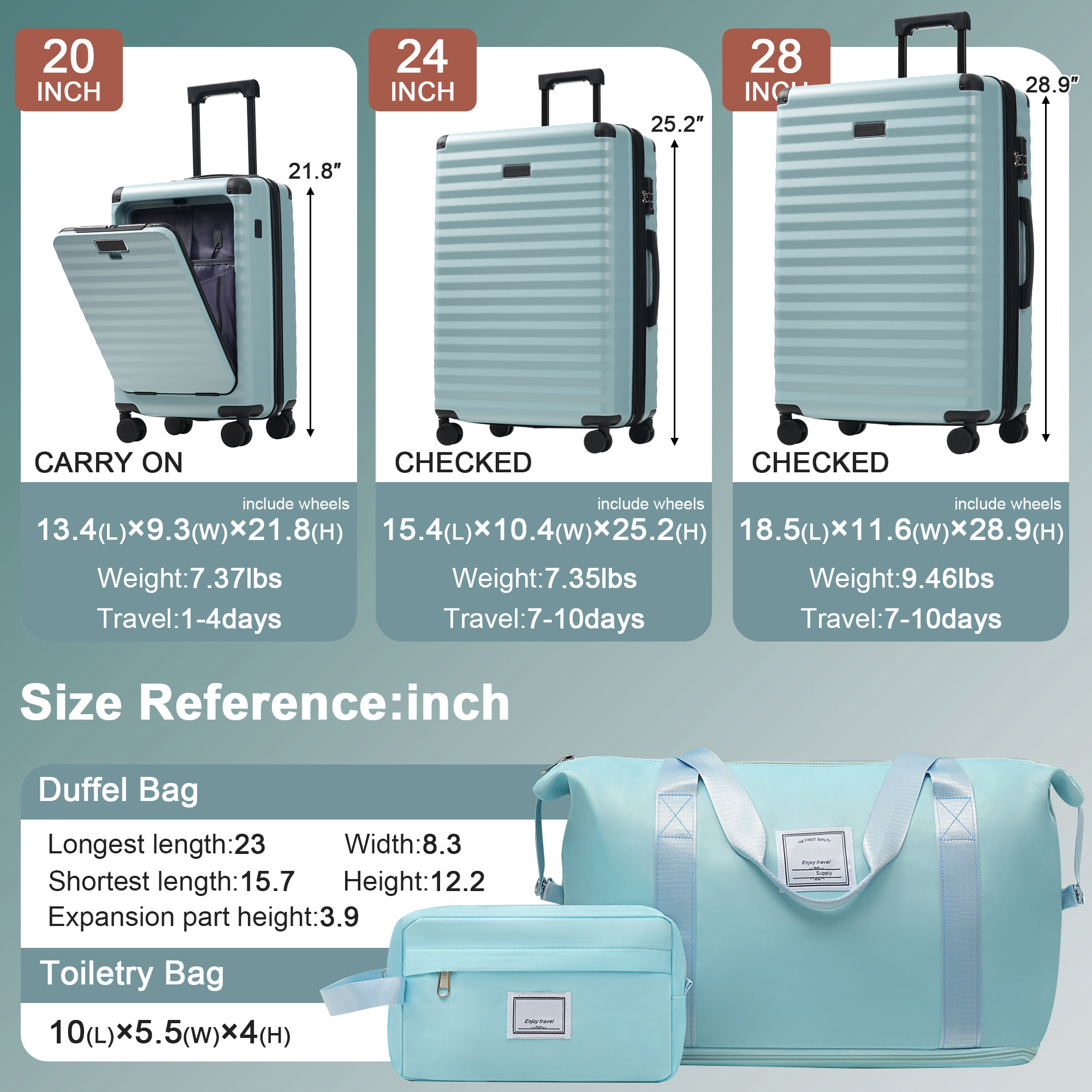 Euroco 5 Piece Luggage Sets Front Opening,Expandable Hardshell Suitcase with Spinner Wheels,2 Bags and TSA Lock,Lightweight Carry on Luggage with USB Port and Cup Holder(20"/24"/28"),Light Blue