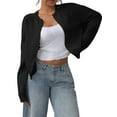 thumbnail image 2 of Women'S Button Down Long Sleeve Crewneck Crop Cardigan Sweater Cute Knitwear Clothes Black L, 2 of 9
