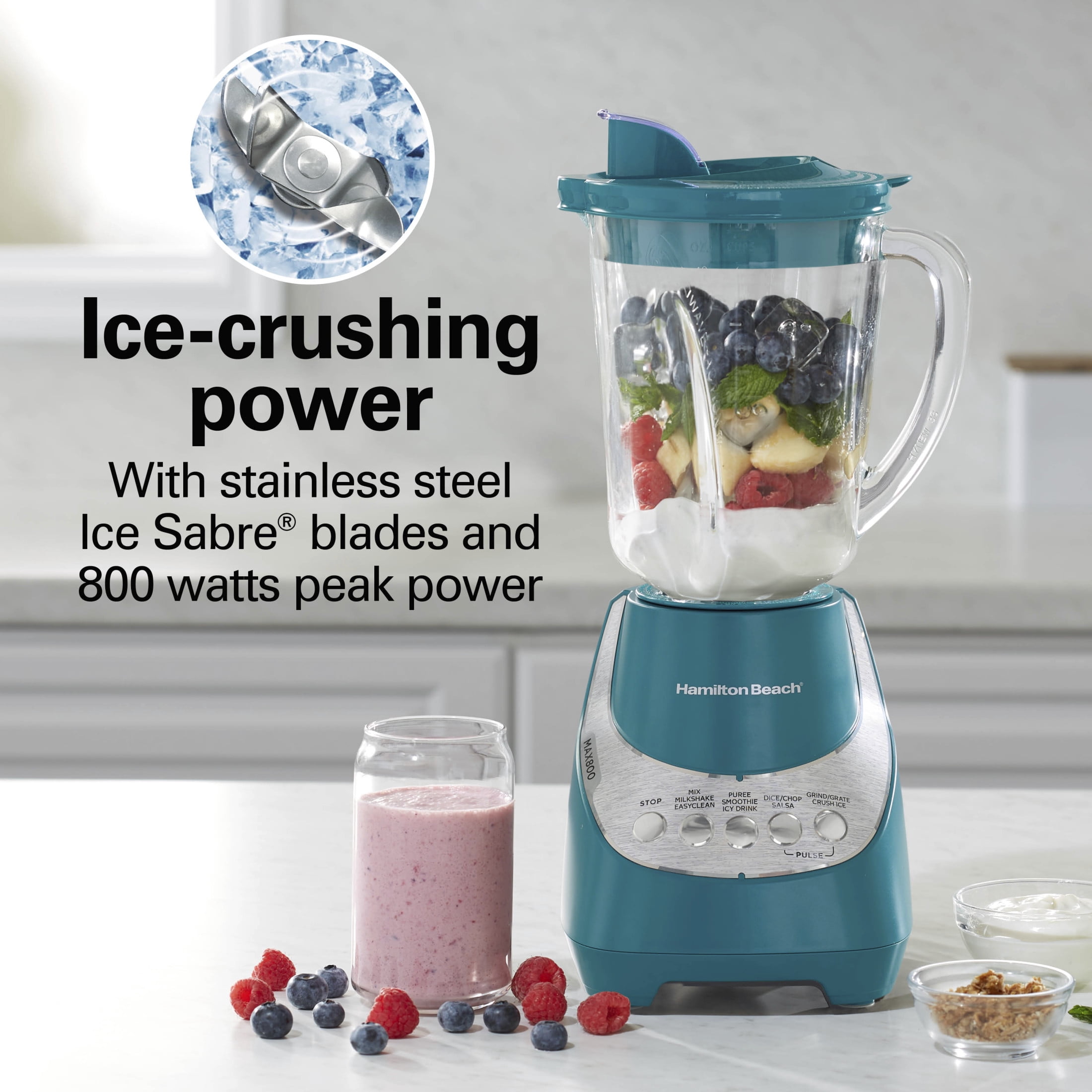 Hamilton Beach Wave Action Smoothie Blender, 48 oz Glass Jar 800 W 12-Function Countertop Blender for Kitchen, Deep Lake Blue