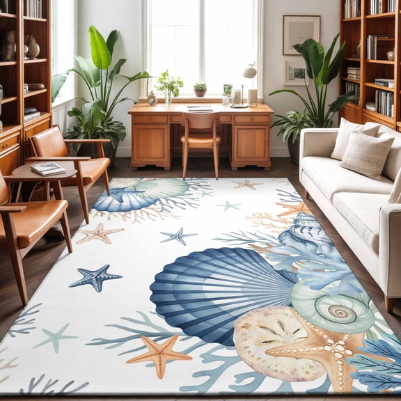 4'x6' Area Rugs, Navy Blue Shell Coastal Indoor Outdoor Area Rug for Living Room Bedroom, Starfish Coral Summer Ocean Nautical Washable Bathroom Rugs Kitchen Floor Carpet Mats Home Decor Aesthetic