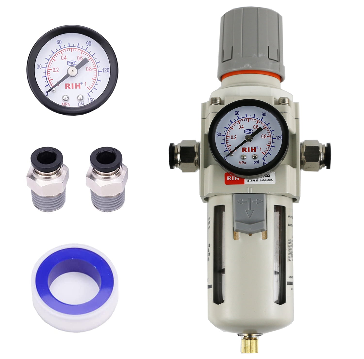 RIH Pneumatics 1/2"NPT Air Filter Pressure Regulator Combo Piggyback, 5