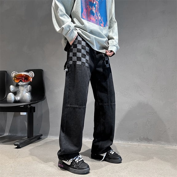 Men's Patchwork Checkerboard Straight Leg Jeans, Loose Wide Leg Denim Pants Casual Streetwear Trousers