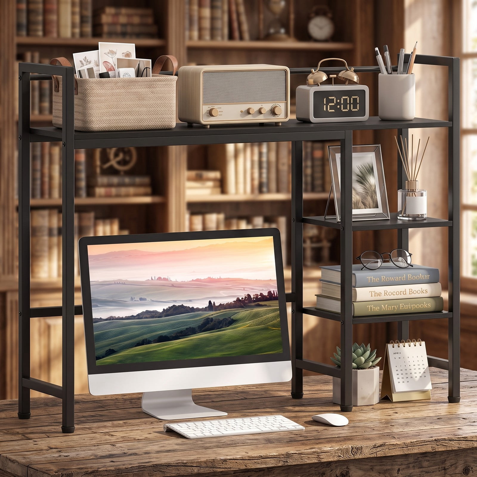 Furnibear Desktop Bookshelf 38.5 Inch Wide Storage Display Rack with Metal Frame, Countertop Bookcase Organizer for Home Office Desk, Living Room and Bedroom, Black