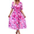 thumbnail image 3 of Women Sundress Summer Floral Short Sleeve Wrap V Neck A-Line Midi Dress Rose Red S, 3 of 9