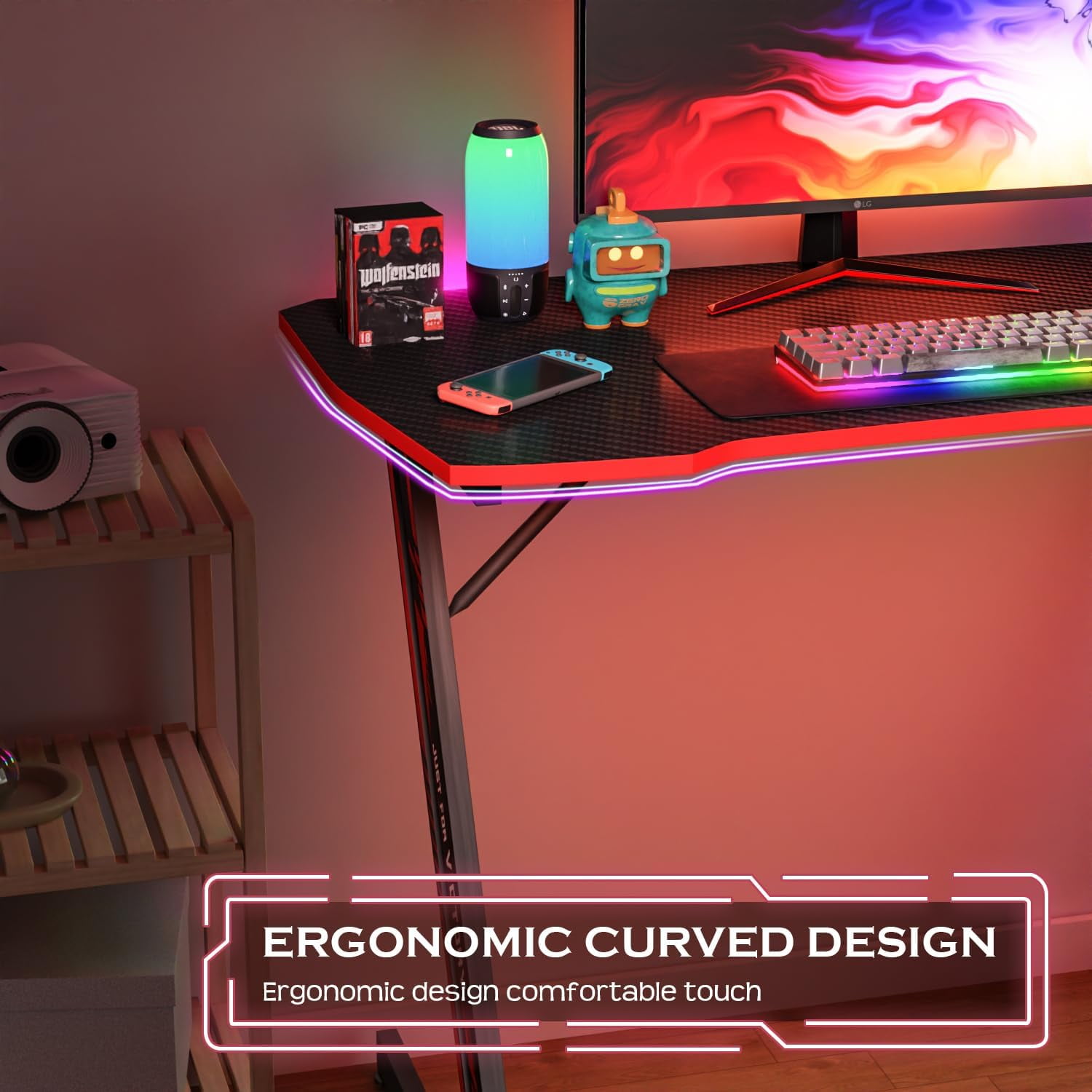 PayLessHere 39 Inch Z-Shaped Gaming Desk with Headphone Hook Sturdy with Spacious Desktop,Red