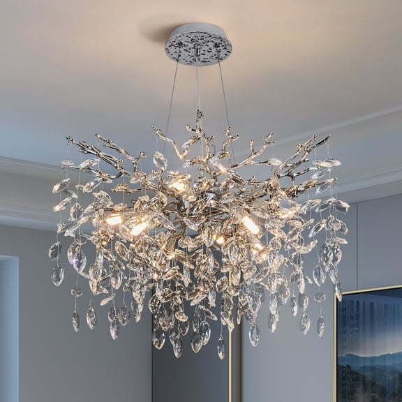 Modern Tree Branch Crystal Chandelier Luxury Silver Crystal Pendant Lighting 23.6" Contemporary 8-Light Chandeliers for Dining Room Kitchen Bedroom Living Room